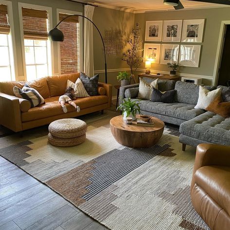 Grey And Brown Couches Together, Gray Sofa Living Room Ideas Bohemian, Earthy Mountain Living Room, Cozy Townhouse Living Room, Earthy Living Room Blue Couch, Grey Eclectic Living Room, Boho Living Room Sectional, Gray And Leather Living Room, Cognac And Grey Living Room