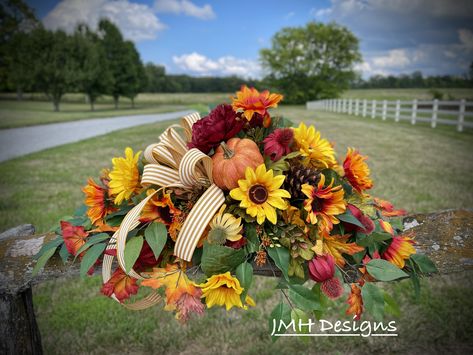 Fall Grave Saddle, Tombstone Saddle Arrangements, Headstone Arrangements, Grave Saddles, Cemetery Saddles, Headstone Flowers, Head Stone, Stone Flowers, Gravesite Decorations