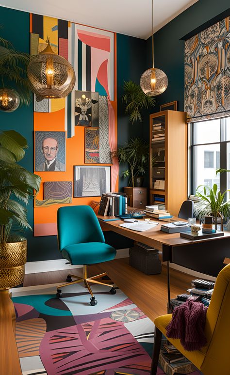 Jungalow Office Decor, Mexican Style Office, Orange Home Office, Vibrant Office, Green And Blue Office, Fun Office Ideas, Color Drenched Office, Colourful Office, Orange Office Design