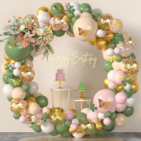 Sage Green Pink Gold Butterflies party decorations theme idea. #ButterflyParty #BirthdayParty #BridalShower #ClassyBridalShower #ClassyBirthday #ButterflyBridalShower #ModernBridalShower #BrideParty #BabyshowerThemes #BabyShowerGirl #GirlBabyShower #girlbabyshowerideas #SpringBabyShower #SummerBabyShower #BalloonArch #aesthetic #PerfectBridalShower #PerfectBirthday #GirlMom Pink Balloon Arch, Balloon Arch Kit, Jungle Birthday Party, Gold Party Decorations, Gold Confetti Balloons, Artificial Eucalyptus, Green Balloon, Butterfly Wedding, 3d Butterfly