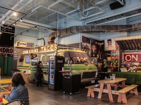 Indoor Food Truck Halls - Chameleon Concessions Indoor Food Truck, Food Truck Restaurant, Food Truck Park, Street Truck, Truck Restaurant, Food Vans, Basement Studio, Outdoor Restaurant Design, Mood Board Interior