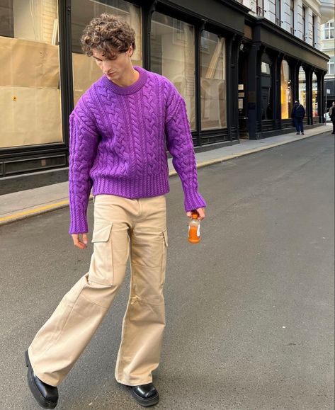 Men’s Purple Sweater Outfit, Purple Sweater Outfit Men, Blue Pants Outfit Men, Purple Sweater Outfit, Blue Pants Outfit, Sweater Outfits Men, Nyc Fits, Hot Sweater, Pants Outfit Men