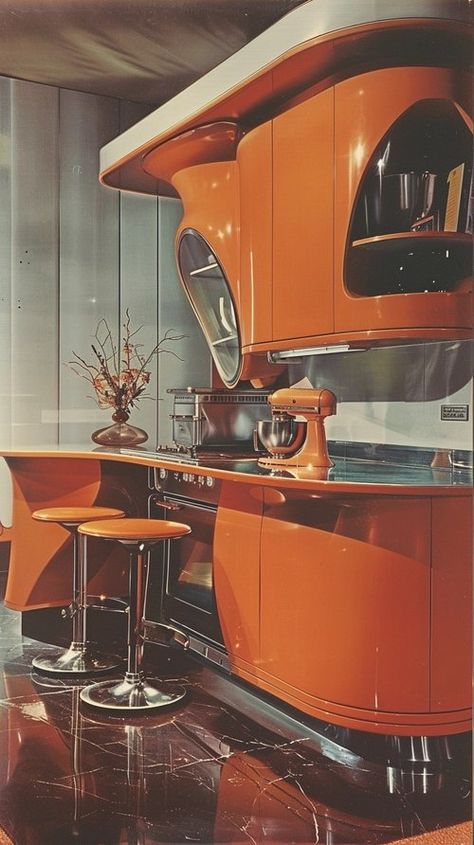 10 Must-Have Retro Kitchen Gadgets for a Vintage Vibe — Living Bright Interiors Kitchen Interior Retro, 70s Interior Design Retro Futuristic, Retro Futuristic Kitchen, Retrofuture Interior, Space Age Kitchen, 70s Interior Design Retro, Retro Futurism Interior, Space Age Interior, Retro Home Bar