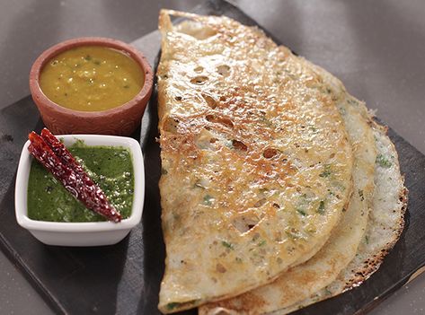 Rawa Dosa - SK Khazana South Indian Snacks, South Indian Breakfast Recipes, Rava Dosa, South Indian Breakfast, Goan Recipes, Sanjeev Kapoor, Dosa Recipe, Indian Breakfast, Breakfast Snacks