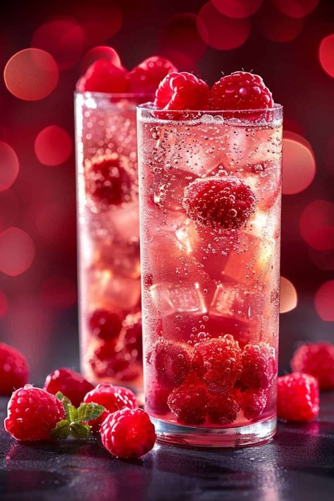 Two glasses of Raspberry Collins cocktail, elegantly presented with fresh raspberries and lemon garnishes, embodying the essence of summer refreshment. Raspberry Product Photography, Raspberry Collins, Luxury Drinks, Collins Cocktail, Raspberry Mojito, Drinks Photography, Wine Spritzer, Refreshing Cocktail, Makeup Images