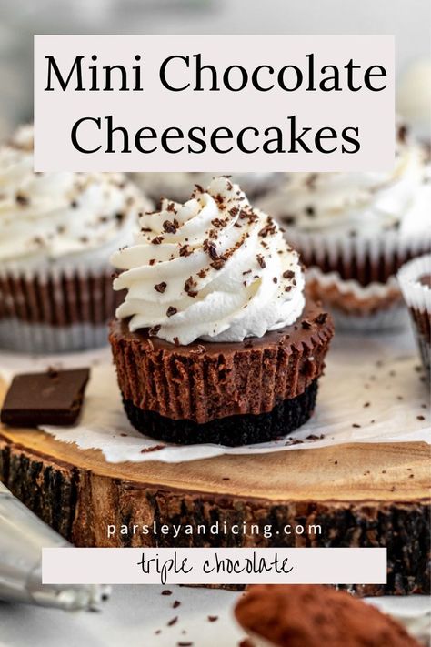 These mini chocolate cheesecakes have buttery Oreo cookie crusts and rich chocolate cheesecake fillings and are topped with chocolate ganache and homemade whipped cream. They only take 30 minutes to prepare and are the perfect handheld dessert for the holidays! Mini Cheesecakes With Oreo Crust, Mini Christmas Cheesecake Recipes, Christmas Mini Cheesecakes, Chocolate Mini Cheesecakes, Nadiya Bakes, Hot Chocolate Cheesecake, Nutella And Peanut Butter, Mini Chocolate Cheesecakes, Hot Chocolate Desserts