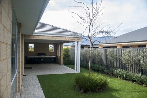 Exposed Aggregate Alfresco & Pathway #perthdesignconstruct Exposed Aggregate Patio Ideas, Patio Exposed Aggregate, Exposed Aggregate Concrete Patio, Exposed Aggregate Patio, Pergola Area, Stratco Outback Pergola, Aggregate Patio, Aggregate Demand, Brick Planter