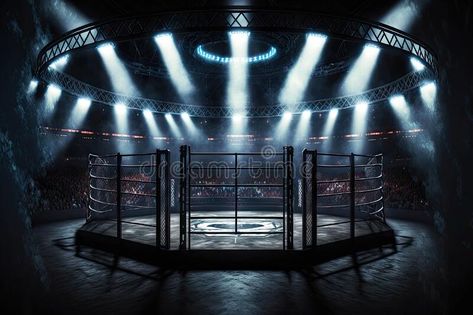 Round empty cage boxing ring in light of spotlights box kickboxing mixed martial arts MMA royalty free stock image Boxing Illustration, Scenography Theatre, Boxing Rings, Boxing Ring, Vector Nature, Animation Inspiration, Cyberpunk City, Booth Display, Mixed Martial Arts