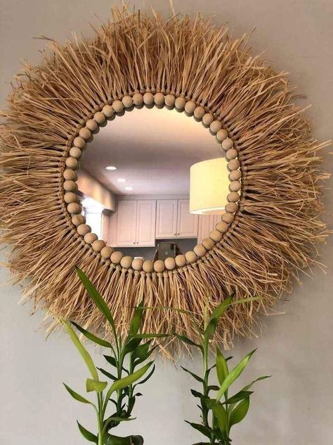 Wall Macrame Hanging, Raffia Crafts, Raffia Mirror, Diy Mirror Wall, Wall Hanging Decorations, Mirror Wall Hanging, Boho Mirror, Interior Design Bohemian, Boho Crafts Diy