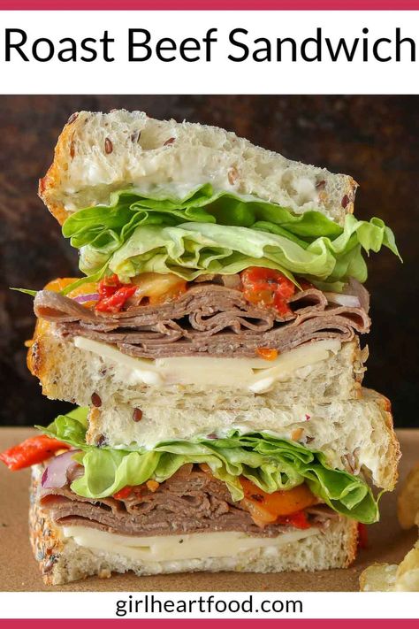 Piled high on multi-seed bread, this cold roast beef sandwich recipe includes plenty of shaved roast beef cold cuts, roasted red peppers, lettuce, red onion and Monterey Jack cheese. So easy and tasty, this simple roast beef sandwich makes for such a satisfying lunch any day of the week. Cold Cut Sandwich, Roast Beef Sandwich Recipes, Best Roast Beef, Beef Sandwich Recipes, Ground Beef And Cabbage, Roast Beef Sandwich, Cold Sandwiches, Roast Beef Sandwiches, Beef Bacon