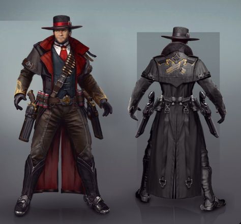 D&d Gunslinger Art, Gothic Gunslinger, Fantasy Cowboy Outfit, Gunslinger Oc, Cowboy Drawing Reference, Scifi Cowboy, Fantasy Gunslinger, Cowboy Samurai, Cowboy Outfit Ideas