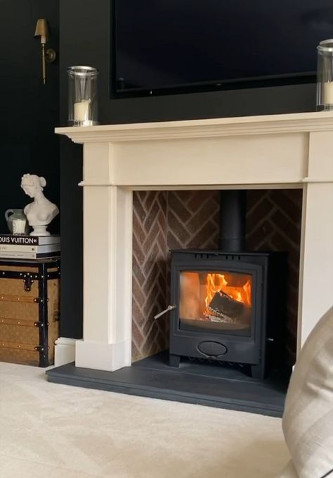 Chevron Fireplace, Edwardian Fireplace, Wooden Fireplace Surround, Wood Burner Fireplace, Wood Burning Stoves Living Room, Log Burner Living Room, Log Burner Fireplace, Snug Room, Log Burning Stoves