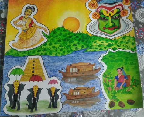 Kerala's cultural painting by me. Water colour painting... Kerala Piravi Drawings, Keralapiravi Images, Kerala Culture, Based Drawing, Form Drawing, Kerala Mural Painting, Famous Monuments, Colour Painting, Scenery Paintings