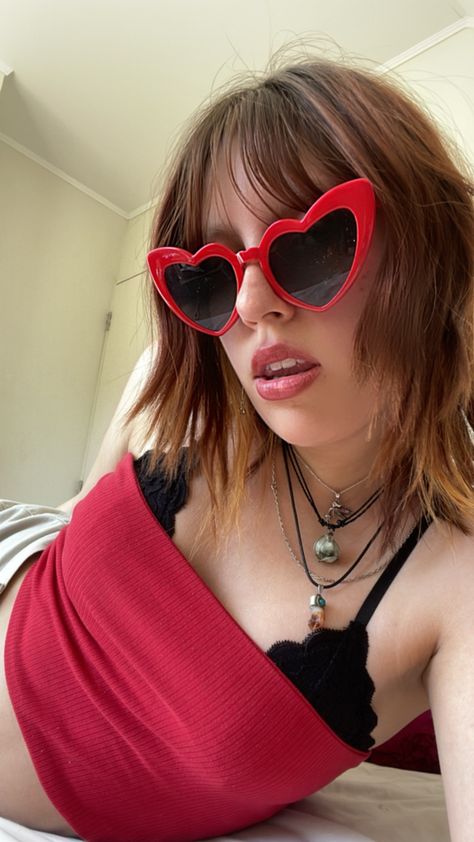 red heart shaped sunglasses Red Heart Sunglasses Outfit, Heart Shaped Sunglasses Outfit, Heart Sunglasses Aesthetic, Red Sunglasses Outfit, Red Heart Shaped Sunglasses, Red Heart Sunglasses, Rey Aesthetic, Sunglasses Outfit, Heart Glasses