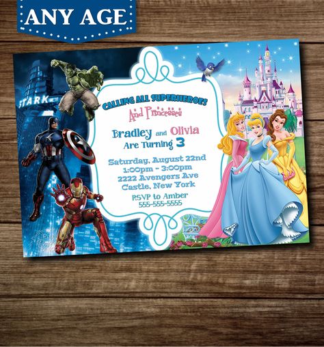 Birthday Themes For Siblings, Avengers Birthday Invite, Avengers Theme Birthday Invitation, Avengers Birthday Invitations Template, Avengers Invitation Template Free, Princess And Superhero Party Invitations, Double Birthday Parties, Combined Birthday Parties, Bday Party Invitations