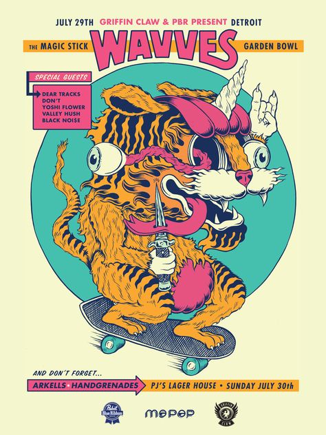 Wavves Gig Poster Gig Posters Design Illustrations, Gig Poster Illustration, Gorilla Illustration, Gig Poster, Music Festival Poster, Skate Art, Architecture Tattoo, Gig Posters, Festival Posters