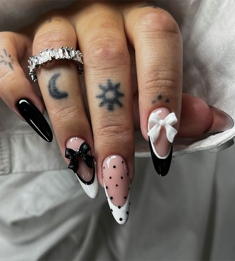 Chic Monochrome Nails with Polka Dots & 3D Bows, Trendy Fall Nails, autumn nails, autumn nail designs, fall color nails Nails With Polka Dots, Trendy Fall Nails, Monochrome Nails, Polka Dot Christmas, Bow Nail Designs, Black Almond Nails, Nyc Nails, Cute Short Nails, Punk Nails