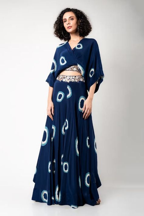 Buy #blue crepe circular #pants with hand dyed in polka dots pattern & embroidered waistband by #NupurKanoi at #AzaFashions Shop online now at #Azafashions.com Call +91 8291990059 or email contactus@azafashions.com for enquiries. #wedding #festive #ethnic #tradional #shopping #shoponline #party #reception #bride Long Skirt Top Designs, Happy Dresses, Kaftan Top, Simple Pakistani Dresses, Top And Pants Set, How To Hem Pants, Indian Designer Outfits, Top Pants Set, Blue Polka Dots