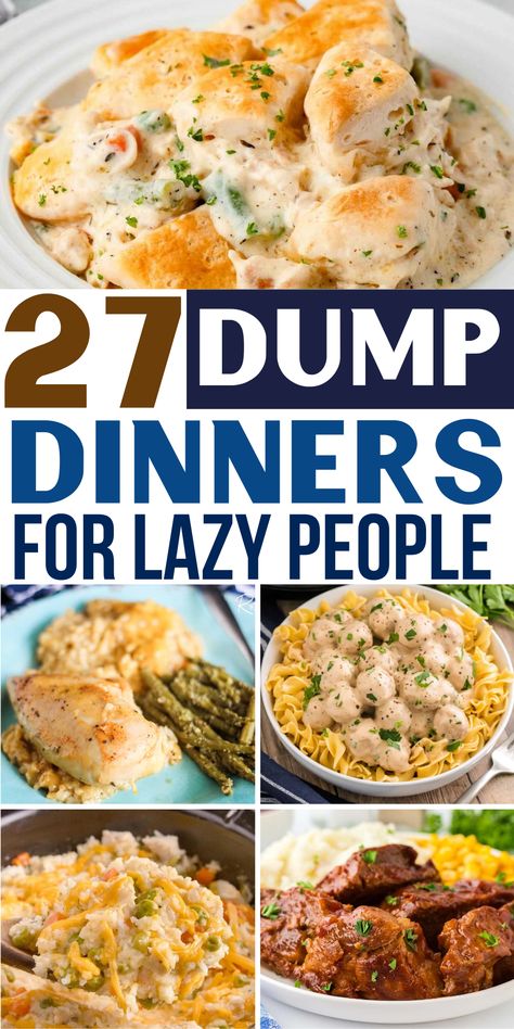 Dump dinners make dinner stress-free! If you're too lazy to cook when you get home, make these easy dump dinners. Just dump all the ingredients and go!! Easy Dump Dinners, Dump Dinner Recipes, Slow Cooker Mississippi Pot Roast, Meatball Casserole, Dump Dinners, Mississippi Pot Roast, Dump Meals, Lazy People, Weeknight Meals