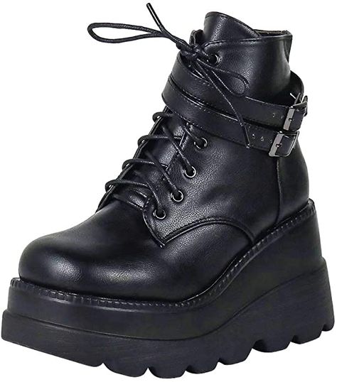 Amazon.com | CELNEPHO Chunky Platform Boots for Women, Square Toe Lace up Zip High Heel Combat Wedge Ankle Boots Black | Ankle & Bootie Dr. Martins, High Heel Combat Boots, Goth Platform Boots, Shoes Sneakers High Tops, Heel Combat Boots, Chunky Platform Boots, Sneakers High Top, Goth Shoes, Platform Boots Women