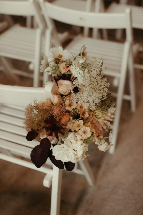 Posies of rustic flowers on wedding chairs, along aisle Fall Wedding Tables, Wedding Ceremony Decor, Table Arrangements Wedding, Wedding First Dance, Dried Flowers Wedding, Aisle Flowers, Floral Wedding Decorations, Winter Wedding Flowers, Church Flowers