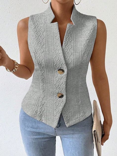 French Style Solid Color Jacquard Vest Jacket Grey Elegant  Sleeveless Fabric Plain vest Non-Stretch  Women Plus Clothing, size features are:Bust: ,Length: ,Sleeve Length: Plus Size French Style, Plain Vest, Mode Mantel, Modest Casual Outfits, Plus Size Suits, Plus Size Blazer, Style Français, Girls Vest, Stylish Work Attire