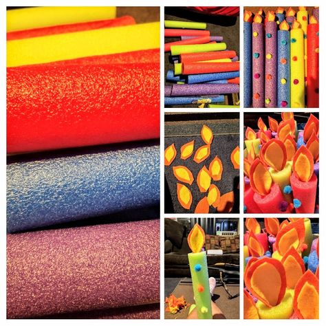 Pool noodle candles!! 3 candles out of 1 noodle.  Orange & yellow felt cut into shape of a flame then hot glued into candle. Hot glue pompoms on candles.  10" wood dowels to stick in ground then place candles over it to stand in ground!  Tada!! Cute easy candles!! Diy Pool Noodle Candles, Pool Noodle Candles For Yard, Candles Made Out Of Pool Noodles, Pool Noodles Candles Halloween, Pool Noodle Birthday Candles, Poolnoodle Diy Halloween Candle, 70th Birthday Ideas For Mom, Pool Noodle Candles, Playground Party