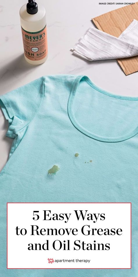 Not only do grease and oil stains seem to stand out like a sore thumb on your clothes; they’re also notoriously difficult to remove. Here are five easy ways to get rid of them. #greasestain #oilstain #stainremover #stainhacks #laundrytips #laundryhacks #toughstains #howtoremovegrease Remove Grease From Clothes, Remove Grease Stain, Bleach Alternative, Remove Oil Stains, Deep Cleaning Hacks, Stain On Clothes, Laundry Stains, Grease Stains, Laundry Hacks