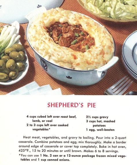 50s Recipes, Cottagecore Food Recipes, 1950s Recipes, 70s Food, Vintage Librarian, Shepherd Pie, Historical Food, Cottagecore Recipes, 1950s Food