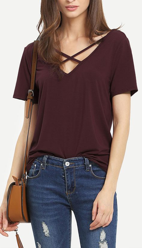 Burgundy Criss Cross Front Casual T-shirt Maroon Top, Black Tees, Cute Womens, Fashion Mode, Looks Style, Mode Inspiration, Outfits Casuales, Casual T Shirts, Look Fashion