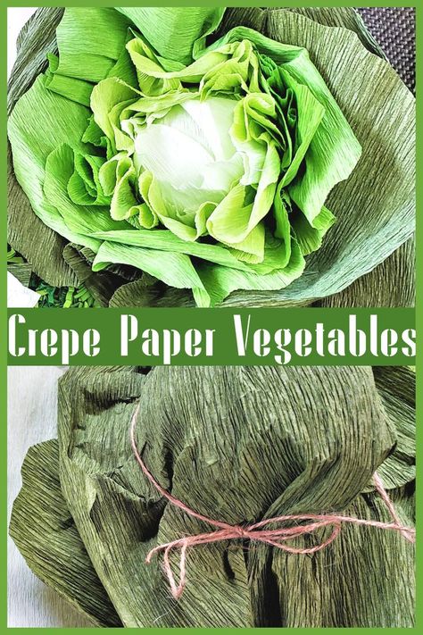 PRINTABLE PDF TEMPLATES & INSTRUCTIONS - Spring Crepe Paper Vegetables Craft Project - LETTUCE - CARROTS - LEEKS - BEANS & CORN ON THE COB! | how to make crepe paper vegetables | paper vegetable craft project | Easter craft projects | Spring craft projects | paper vegetables | crepe paper vegetables | Spring seasonal decor ideas | Spring seasonal decor crafts | spring DIY decor | spring DIY table centerpiece ideas | spring DIY decor projects Crepe Paper Vegetables, Paper Vegetables, Vegetables Craft, Spring Diy Decor, Farm Vbs, Seasonal Decor Ideas, Paper Carrots, Vegetable Crafts, Giant Vegetable