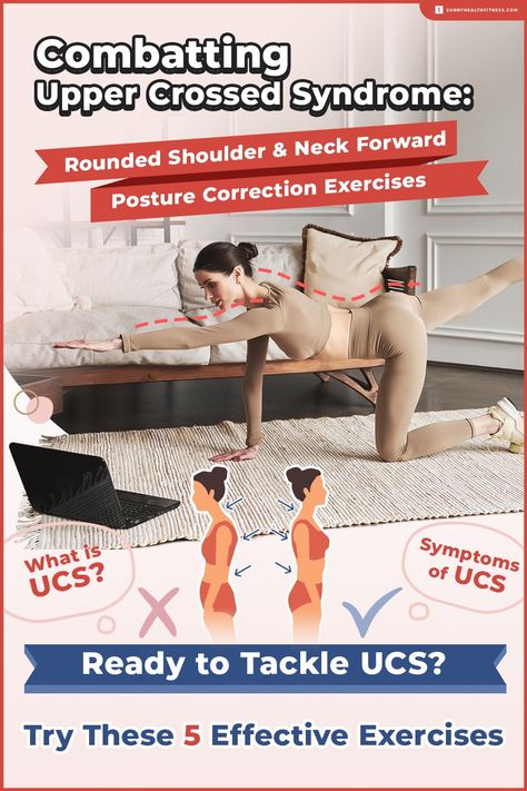 Here are five effective exercises to combat Upper Crossed Syndrome (UCS), which will strengthen the weakened muscles running along the posterior chain (back) of the body. #sunnyhealthfitness #posture #UCS #fitness #exercises #wellness #health Upper Cross Syndrome Exercises, Head Exercises, Upper Cross Syndrome, Superman Workout, Posture Correction Exercises, Posterior Chain, Stability Ball Exercises, Suspension Trainer, Face Pulls