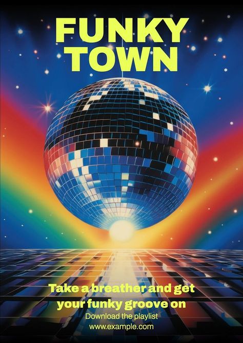 Funky town poster template | premium image by rawpixel.com Disco Aesthetic Graphic Design, Disco Party Poster Design, Funky Event Poster, 70s Disco Poster Design, 70s Disco Graphic Design, Travel Graphic Design, Modern Disco, Disco Poster, Dj Night