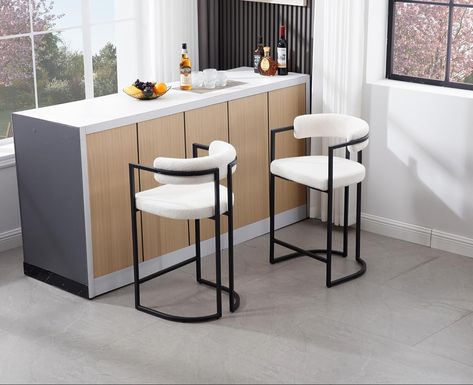 Wahson Modern Bar Stools Set of 2 Faux Fur Kitchen Breakfast Counter Chairs with Metal Base Footrest, Upholstered Bar Chairs for Home Bar/Pub, Beige\ #stools #chairs #kitcheninspiration #dining #diningroomideas #minimaliststyle Kitchen Island Chairs, Island Bar Stools, Home Bar Furniture, Bar Stool Chairs, Counter Chairs, Metal Dining Chairs, Modern Bar Stools, Seat Design, Stool Chair