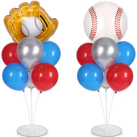 PRICES MAY VARY. Package contain: 2 table centerpiece balloons stand kit and 17 balloons, including baseball foil balloon×1, baseball glove foil balloon×1,10-inch matte dark blue balloons×5,10-inch red balloons×5,10-inch metallic silver balloons×5, adhesive dots and gold ribbons×2. Balloon holder kit size: bare balloon stand kit can be up to 27 inches tall or decorated with inflatable balloons up to 47 inches, matches many party table sizes and is perfect for baseball themed party decorations. E Sports Themed Balloon Arch, Baseball Centerpiece Ideas, Baseball Baby Shower Centerpieces, Baseball Party Games, Baseball Themed First Birthday, Reverse Raffle, 17 Balloons, Bday Party Boy, Baseball Birthday Party Decorations