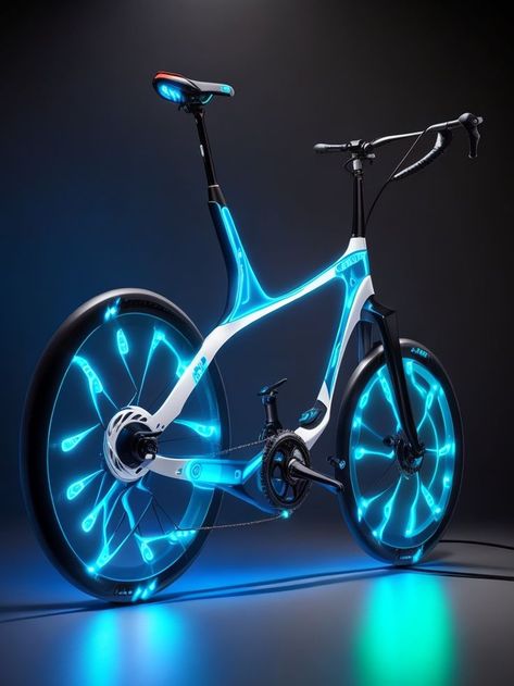 Image of a bioluminescent futuristic bicycle concept, showcasing its vibrant LED lighting elements. Futuristic Bicycle, Futuristic Bike, Neon District, Advance Technology, Stunning Aesthetic, Bicycle Ride, Diary Entry, Bike Lane, Cool Bicycles