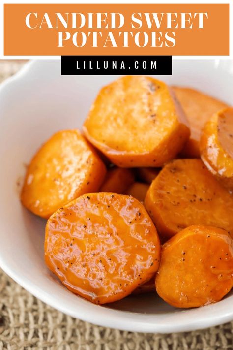 Simply tasty candied sweet potatoes are caramelized in butter and brown sugar, making them a favorite side dish. #candiedsweetpotatoes #sweetpotatoes #sides #holidaysides #sidedishes Thanksgiving Side Dishes Healthy, Grilled Carrots, Creamy Pasta Bake, Candied Sweet Potatoes, Side Dish Recipes Easy, Best Side Dishes, Favorite Side Dish, Sweet Candy, Thanksgiving Side Dishes