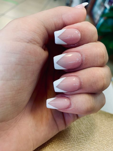 V French Tip Short Nails, Square V French Tip Nails, Shirt Coffin French Tip Nails, Different Shape French Tip Nails, Short Coffin V French Tip Nails, V Manicure French Tips, Pink French V Tip Nails, Angular French Tip, Square V French Tip Acrylic Nails