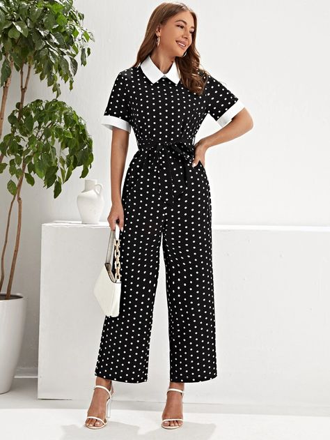 Polka Dot Jumpsuit, Belted Jumpsuit, Belt Jumpsuit, Dot Shirt, Leg Belt, Polka Dot Shirt, Jumpsuit Fashion, Shein Style, Black Backgrounds