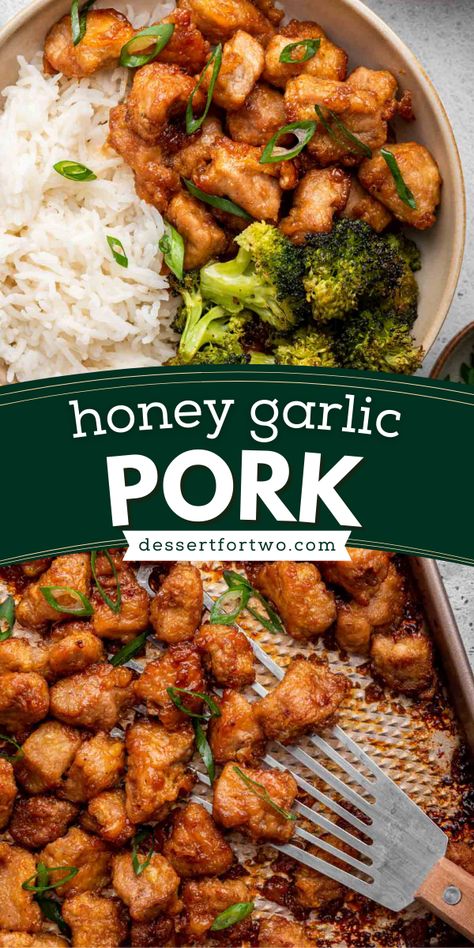 Here's an easy dinner idea for the family! This Honey Garlic Pork is perfectly sweet and savory. This pork tenderloin recipe is baked with a sticky sweet sauce. Add this recipe to your simple weeknight dinner ideas! Cubed Garlic Pork Bites, Weeknight Dinner Pork, Pork Tenderloin Recipes For Two, Dinners With Pork Tenderloin, Honey Garlic Pork Bowl, Side To Go With Pork Chops, Pork Tenderloin Cubes Recipes, What Can I Do With A Pork Loin, What To Do With A Pork Tenderloin