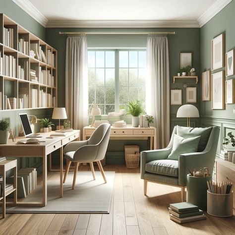 sage green study room Home Office Sage Green, Sage Office Ideas, Best Office Paint Color, Home Office Ideas Green, Sage Green Study, Green Study Room, Sage Green Office, Green Office Ideas, Green Playroom