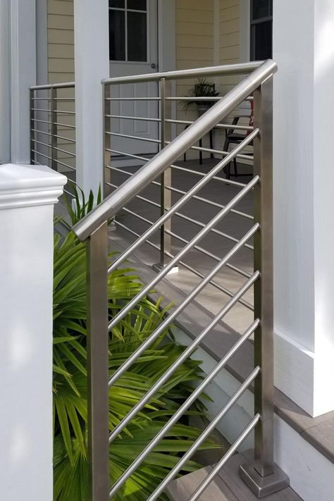 Front Porch Stairs with Railing Rod Railing, Cable Stair Railing, Front Porch Stairs, Exterior Stair Railing, Porch Handrails, Exterior Handrail, Metal Stair Railing, Outdoor Handrail, Front Porch Railings