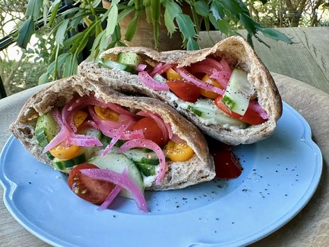 CHICKEN HUMMUS PITA inspired by Eating Well Chicken Hummus, Hummus Pita, Chicken Peppers, Hummus And Pita, Whole Wheat Pita, Quick Lunch, Wellness Recipes, Pickled Red Onions, Cucumber Tomato