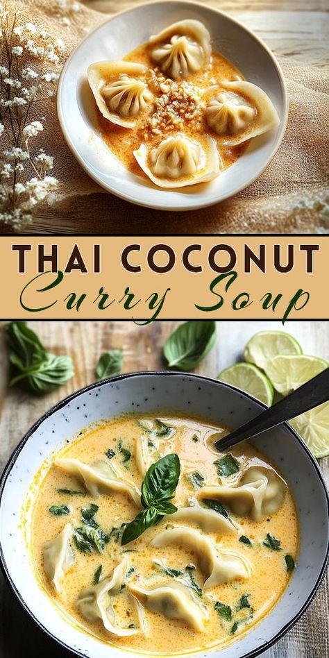 Bring bold flavors to your table with Thai Coconut Curry Soup! 🍲✨ This creamy, veggie-packed soup is perfect for lunch or dinner. Ready in under 30 minutes! 🌶️💛 #CurrySoup #ThaiFood #QuickMeals ❤️🍽 Thai Coconut Soup Crockpot, Thai Coconut Curry Chicken Soup Easy Recipes, Thai Tomato Coconut Soup, Green Curry Shrimp Coconut Milk, Crockpot Thai Curry, Thai Broth Soup, Curry Soup Vegetarian, Thai Recipes Soup, Coconut Soup Thai