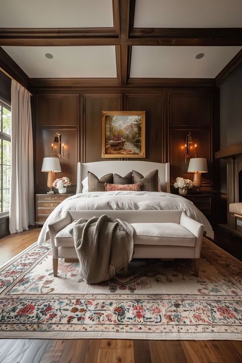 Rich Color Interior Design, Classic Cozy Bedroom, Colorful Home Interior Design, Bedroom With Red Rug, Vintage Room Ideas Bedroom, Historic Bedroom, Craftsman Bedroom Ideas, Cozy Traditional Bedroom, Classic Design Bedroom