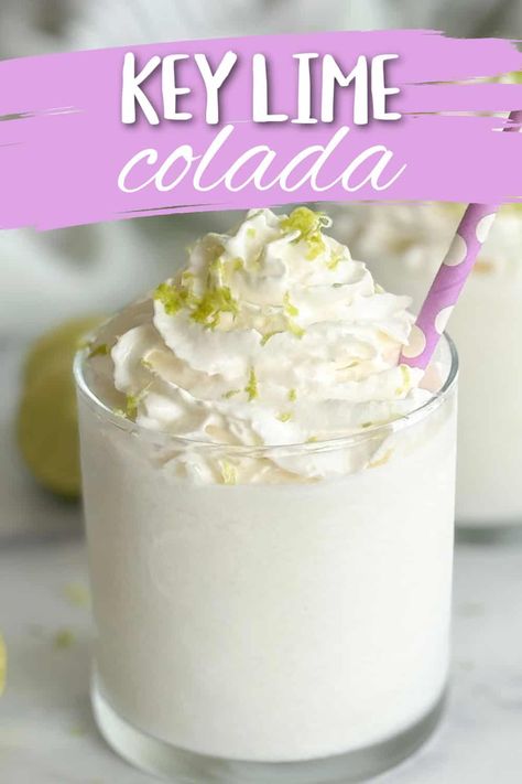 Our Key Lime Colada is a fun spin on the classic piña colada! Made with white rum, key lime juice, cream of coconut, ice and key lime rum cream our key lime colada will have you thinking it's summer all year long. Key Lime Colada, Key Lime Pina Colada Recipe, Key Lime Colada Recipe, Coconut Cream Drinks, Key Lime Moonshine Recipe, Drinks With Lime Juice, Key Lime Rum Cream Drinks, Lime In The Coconut Cocktail, Coconut Rum Drinks