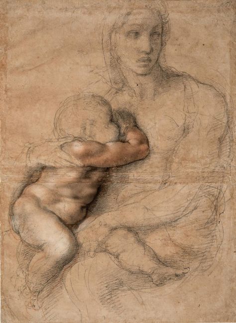 Michelangelo’s ‘Unfinished Cartoon for a Madonna and Child’ (1525-30). Giorgio Vasari, Master Drawing, Drawing Studies, Madonna And Child, Caravaggio, Anatomy Art, Old Master, Rembrandt, Life Drawing