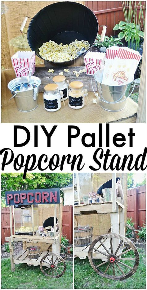 #PalletDiyIdeas, #Popcorn, #RecyclingWoodPallets, #Stand Ever wanted to have your popcorn stand at your next block party? And why not to make an original one at no-cost with repurposed materials and mainly wooden pallets. This is what Mr. LMB has done for his little sister graduation party! Love it Pallet Party Ideas, Popcorn Stand, Diy Popcorn, Popcorn Bar, Diy Chalkboard, Grad Party Ideas, Pallet Creations, Wooden Pallet Projects, Pallet Outdoor