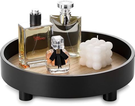 Hanobe Round Decorative Vanity Tray: Bathroom Perfume Trays Circle Pedestal Stand Wood Riser for Display Decor Dresser, Black : Amazon.co.uk: Home & Kitchen Vanity Tray Bathroom, Perfume Trays, Decor From Amazon, Round Vanity, Bathroom Vanity Tray, Wood Riser, Vanity Trays, Foot Design, Black Home Decor