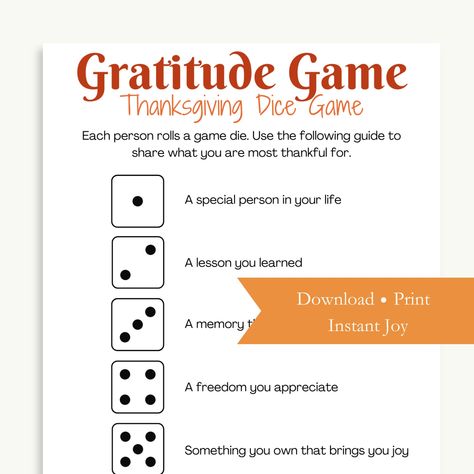 "*An instant printable download. No physical product will be mailed to you. Let the fun begin! Are you planning your Thanksgiving gathering, a small group, fall party, tea party, or other event? Instantly print this gratitude dice game for your upcoming celebration. Studies show that gratitude actually changes your brain, improving your physical and psychological health. This game is perfect for family game night, Sunday School, holiday parties, and Thanksgiving/Friendsgiving Day. You will receive: 1 pdf full size game (8.5x11) File is in pdf format designed to print on 8.5\"x11\" paper or cardstock. How to Download: Purchase the listing. After your payment is confirmed, check your email or go to your purchases here: https://www.etsy.com/your/purchases Download your files from a laptop or Fall Icebreaker Games, Gratitude Dice Game, Thanksgiving Activities For Adults, Thanksgiving Ice Breakers, Working Thanksgiving, Gratitude Game, Friendsgiving Games, Nursing Home Activities, Thanksgiving Gathering